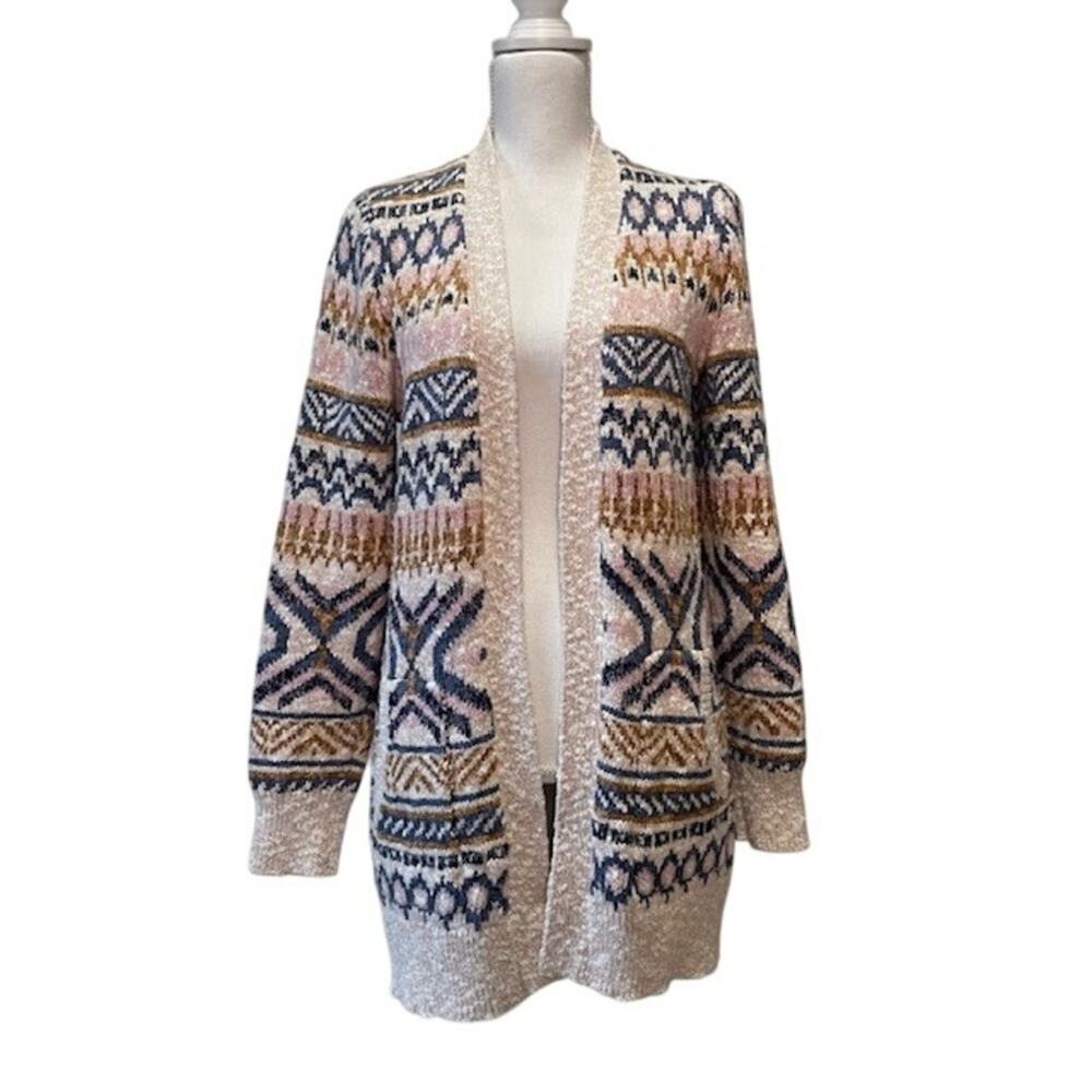 L.L. Bean Fair Isle Sweater Cardigan Medium Cotton Boho Nordic Cottage Cozy